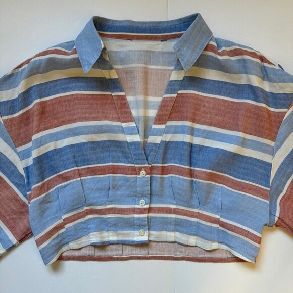 Zara Blouse Striped Linen Blend Button Up Cropped Short Sleeve Collared Sz S - Picture 7 of 14